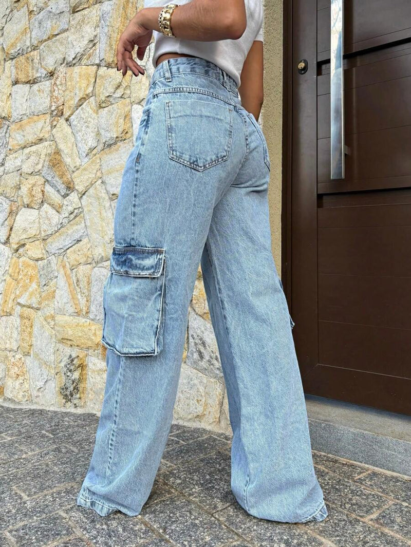 Calça Wide Leg Cargo Jeans Calça bolso fofu Feminina Moda Street Tecido Algodão Premium LANÇAMENTO  elegante  Casual    Jeans    wide leg