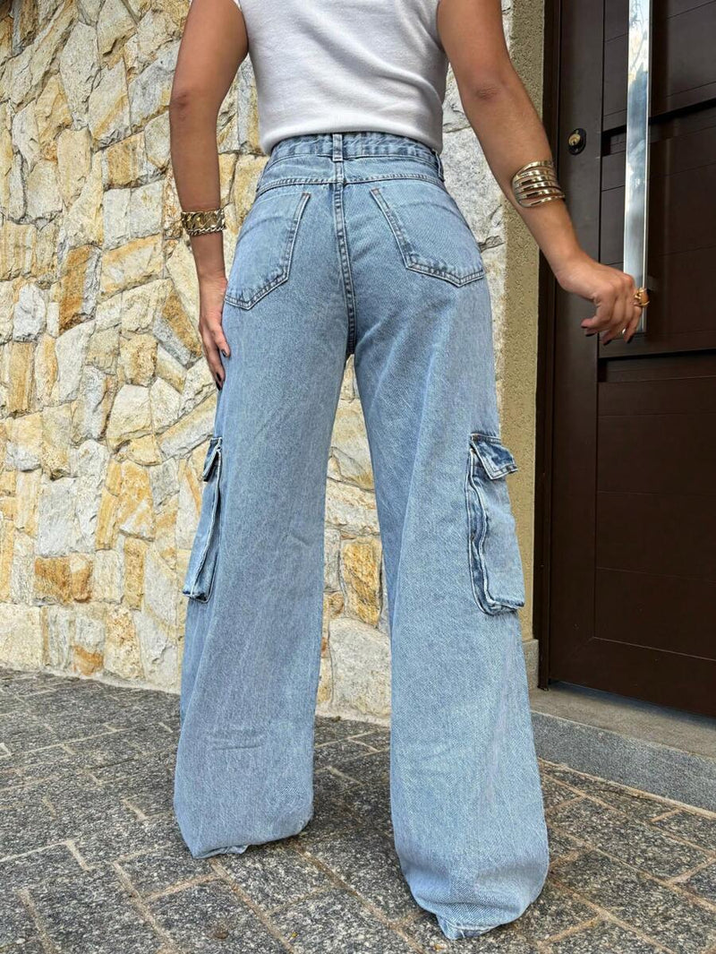 Calça Wide Leg Cargo Jeans Calça bolso fofu Feminina Moda Street Tecido Algodão Premium LANÇAMENTO  elegante  Casual    Jeans    wide leg