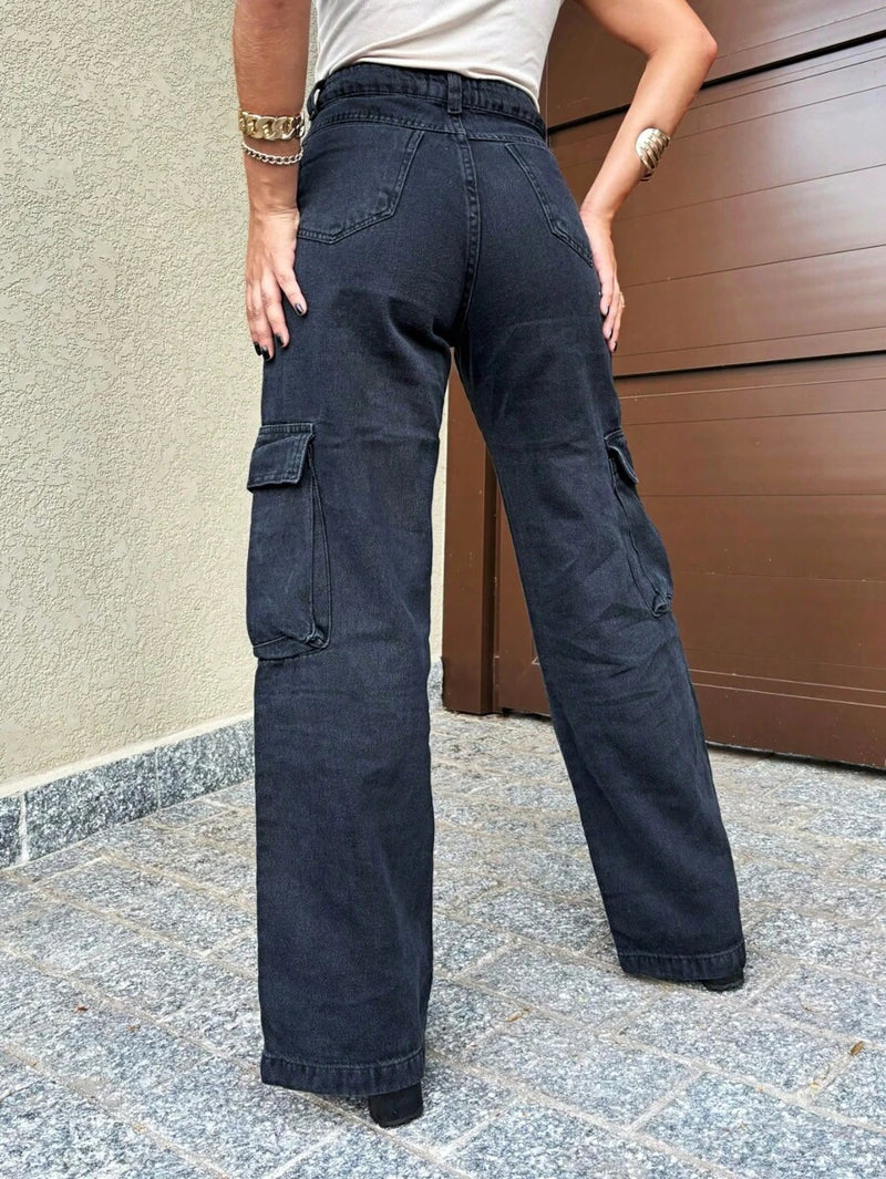 Calça Wide Leg Cargo Jeans Calça bolso fofu Feminina Moda Street Tecido Algodão Premium LANÇAMENTO  elegante  Casual    Jeans    wide leg