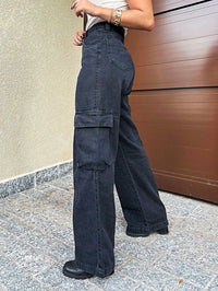 Calça Wide Leg Cargo Jeans Calça bolso fofu Feminina Moda Street Tecido Algodão Premium LANÇAMENTO