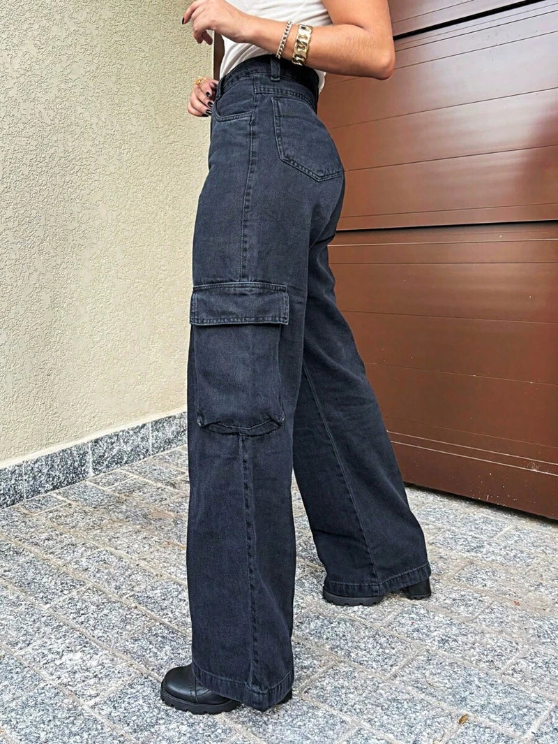 Calça Wide Leg Cargo Jeans Calça bolso fofu Feminina Moda Street Tecido Algodão Premium LANÇAMENTO