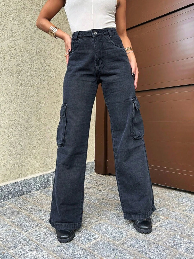 Calça Wide Leg Cargo Jeans Calça bolso fofu Feminina Moda Street Tecido Algodão Premium LANÇAMENTO