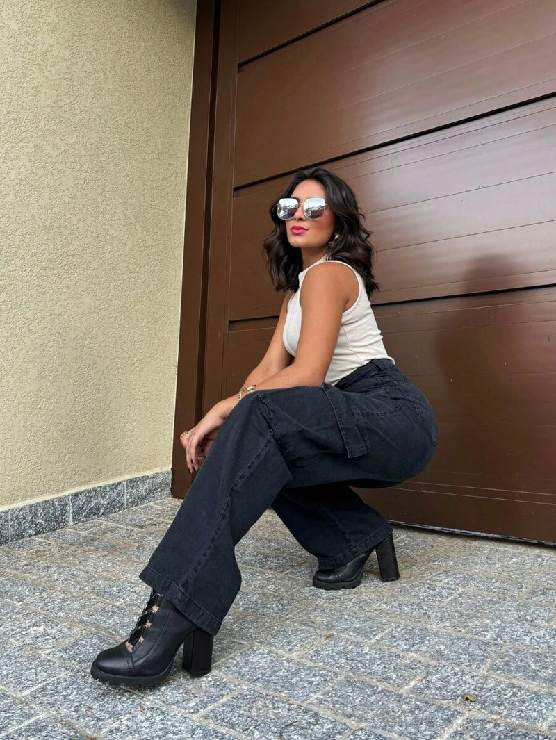 Calça Wide Leg Cargo Jeans Calça bolso fofu Feminina Moda Street Tecido Algodão Premium LANÇAMENTO