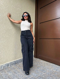 Calça Wide Leg Cargo Jeans Calça bolso fofu Feminina Moda Street Tecido Algodão Premium LANÇAMENTO