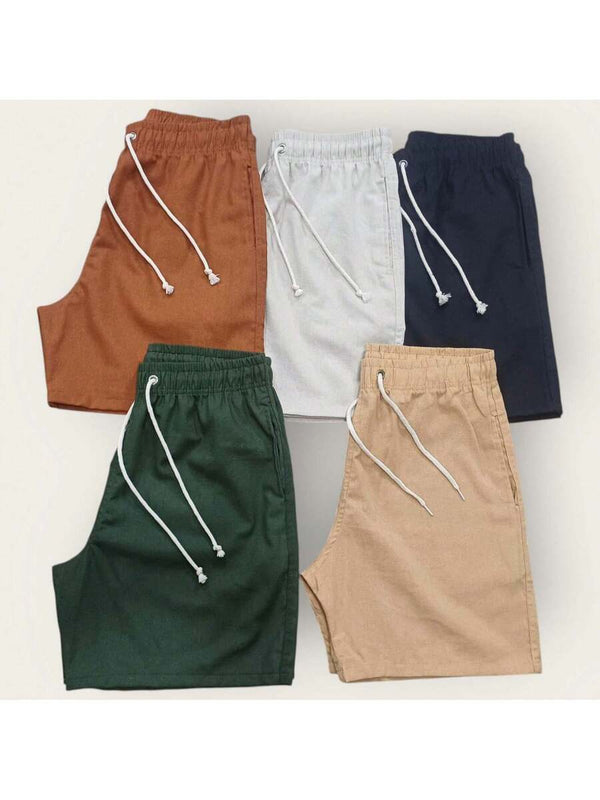 Kit 5 Shorts De Linho Premium Bermuda Mauricinho Masculino Casual Basico Confortavel Cores Especificas, Marrom, Branco, Preto, Verde Militar (colorido)