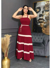 Vestido Longo Liso  Feminina Bicolor com forrto Casual Tecido Duna H-11