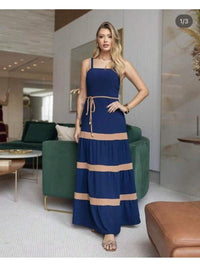 Vestido Longo Liso  Feminina Bicolor com forrto Casual Tecido Duna H-11