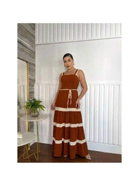 Vestido Longo Liso  Feminina Bicolor com forrto Casual Tecido Duna H-11