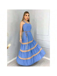 Vestido Longo Liso  Feminina Bicolor com forrto Casual Tecido Duna H-11