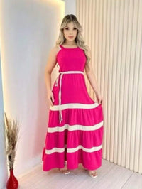 Vestido Longo Liso  Feminina Bicolor com forrto Casual Tecido Duna H-11