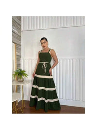 Vestido Longo Liso  Feminina Bicolor com forrto Casual Tecido Duna H-11