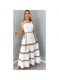 Vestido Longo Liso  Feminina Bicolor com forrto Casual Tecido Duna H-11