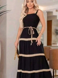 Vestido Longo Liso  Feminina Bicolor com forrto Casual Tecido Duna H-11