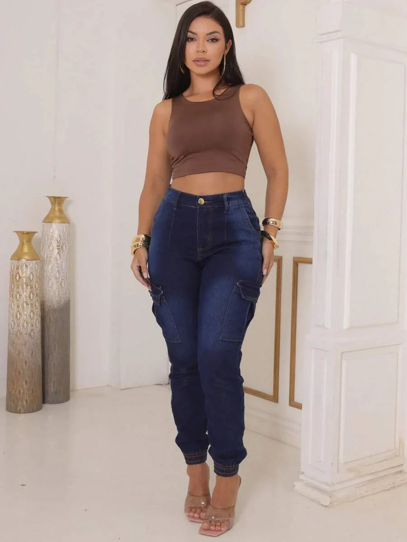 Stillger Moda Jeans Calça Cargo Jeans Feminina Jogger Cintura Alta Com elastano e Bolsos Laterais