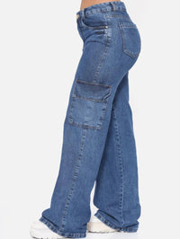 Calça Jeans Feminina Cargo Wide Leg Cintura Alta Levanta bumbum