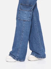 Calça Jeans Feminina Cargo Wide Leg Cintura Alta Levanta bumbum