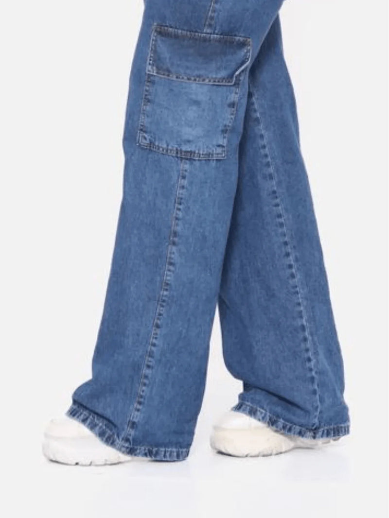 Calça Jeans Feminina Cargo Wide Leg Cintura Alta Levanta bumbum