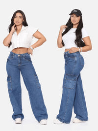 Calça Jeans Feminina Cargo Wide Leg Cintura Alta Levanta bumbum