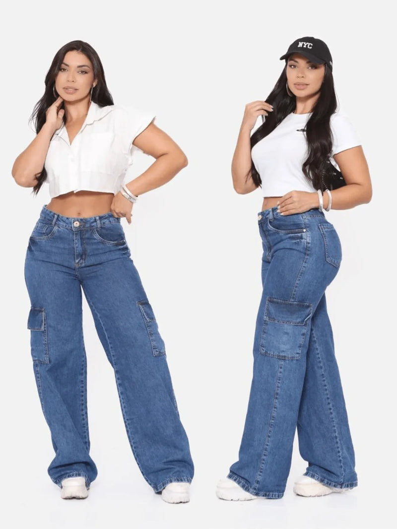 Calça Jeans Feminina Cargo Wide Leg Cintura Alta Levanta bumbum