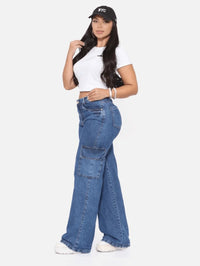 Calça Jeans Feminina Cargo Wide Leg Cintura Alta Levanta bumbum