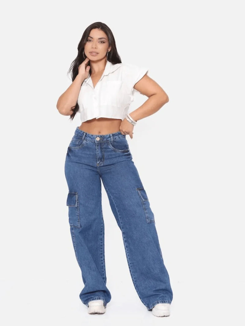 Calça Jeans Feminina Cargo Wide Leg Cintura Alta Levanta bumbum
