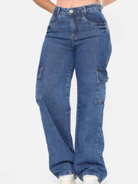 Calça Jeans Feminina Cargo Wide Leg Cintura Alta Levanta bumbum