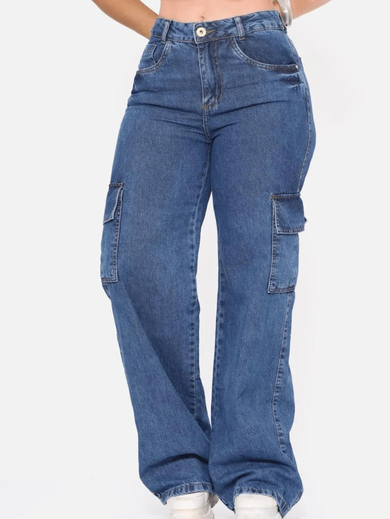 Calça Jeans Feminina Cargo Wide Leg Cintura Alta Levanta bumbum