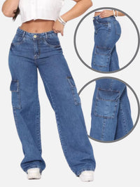 Calça Jeans Feminina Cargo Wide Leg Cintura Alta Levanta bumbum