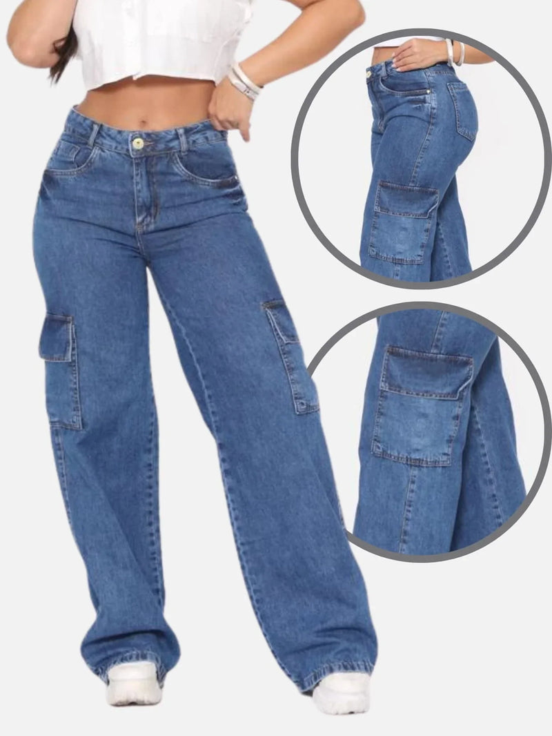 Calça Jeans Feminina Cargo Wide Leg Cintura Alta Levanta bumbum