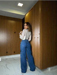 Calça Jeans Cargo Feminina Moda Street Tecido Premium 100% Algodão Escura