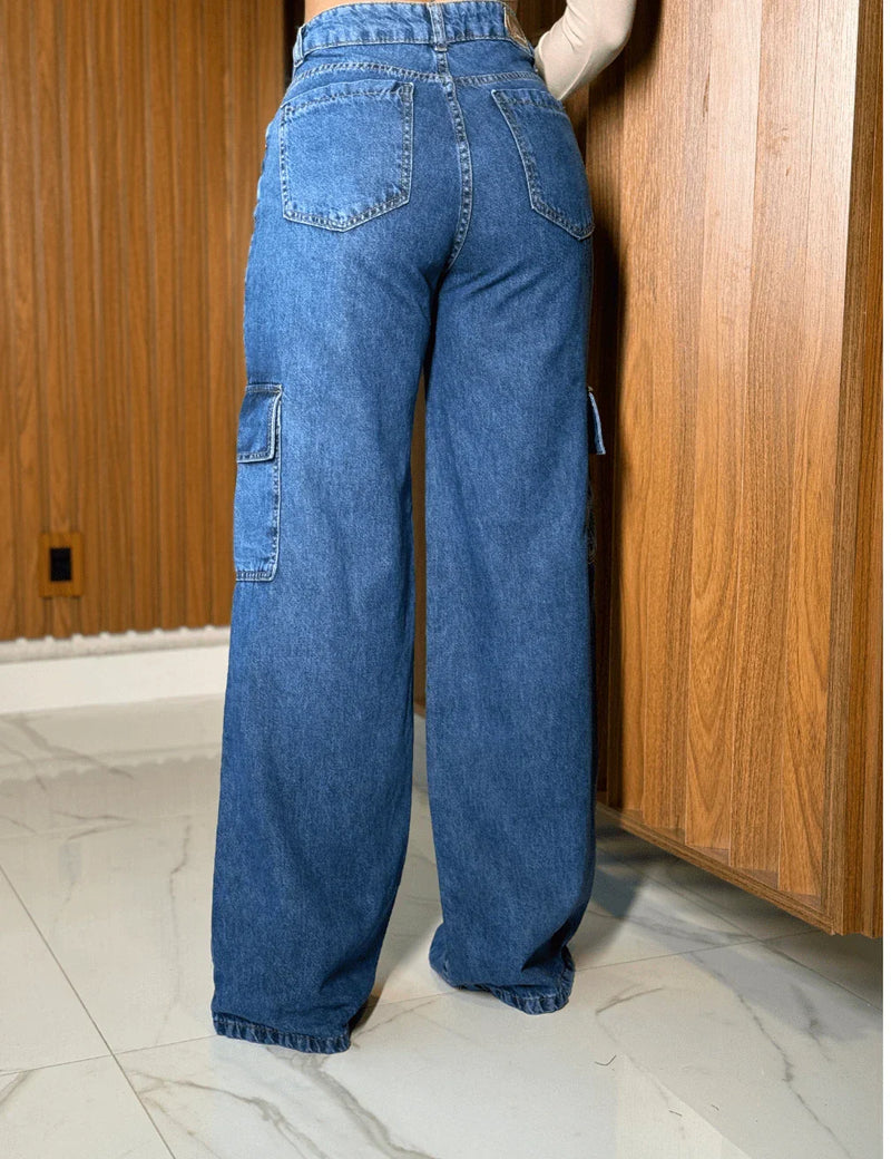 Calça Jeans Cargo Feminina Moda Street Tecido Premium 100% Algodão Escura