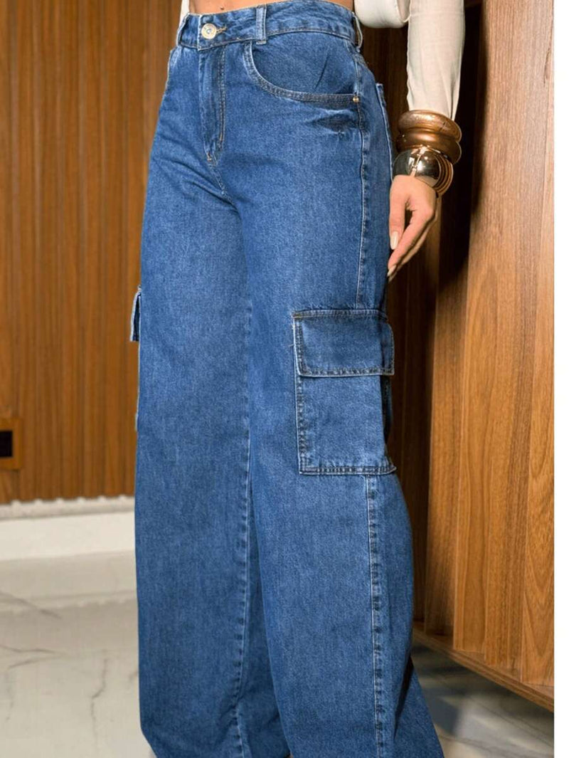 Calça Jeans Cargo Feminina Moda Street Tecido Premium 100% Algodão Escura