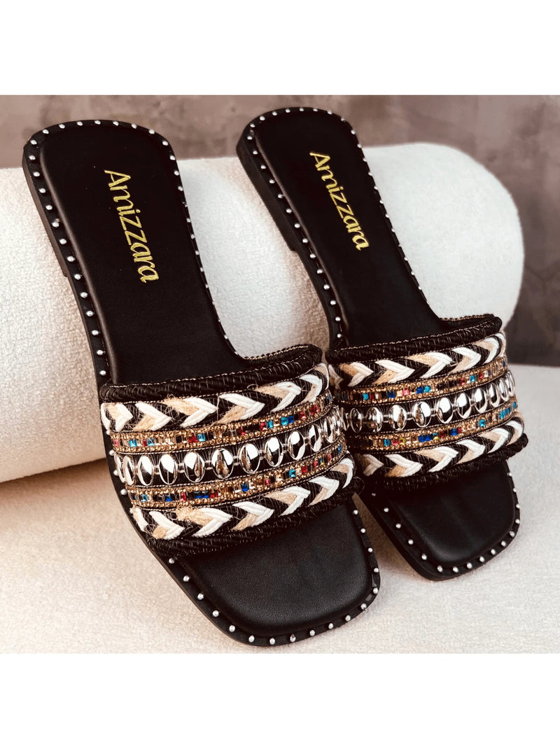 Amizzara Sandália Rasteirinha Feminina Estilo Bohemian Indiana Chic Boho Tecido Trançado Artesanal Exclusiva Bico