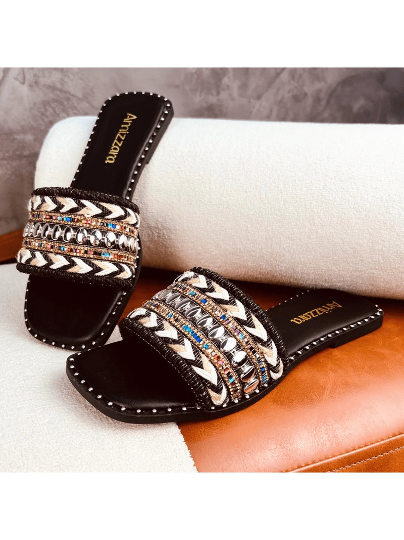 Amizzara Sandália Rasteirinha Feminina Estilo Bohemian Indiana Chic Boho Tecido Trançado Artesanal Exclusiva Bico