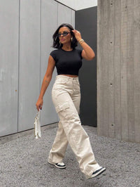 Calça Feminina Cargo Wide leg Jeans Elegante premium Excelente qualidade