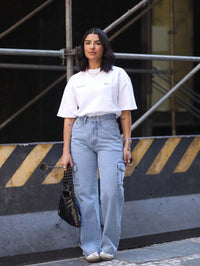 Calça Feminina Cargo Wide leg Jeans Elegante premium Excelente qualidade