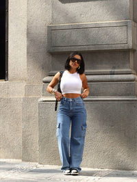 Calça Feminina Cargo Wide leg Jeans Elegante premium Excelente qualidade