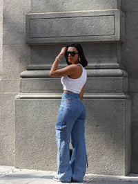 Calça Feminina Cargo Wide leg Jeans Elegante premium Excelente qualidade