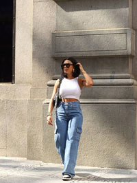 Calça Feminina Cargo Wide leg Jeans Elegante premium Excelente qualidade