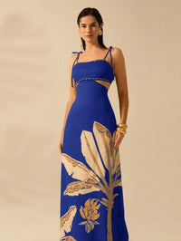 CAJUNI Vestido Boho Feminino Estampa de Árvore de Banana, Vestido Preto Casual de Verão com Amarração Oca na Cintura Sem Mangas, Vestido Casual de Férias