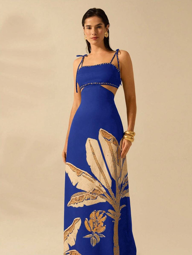 CAJUNI Vestido Boho Feminino Estampa de Árvore de Banana, Vestido Preto Casual de Verão com Amarração Oca na Cintura Sem Mangas, Vestido Casual de Férias