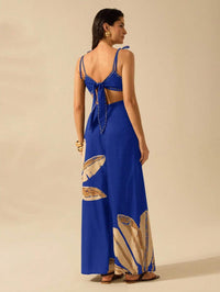 CAJUNI Vestido Boho Feminino Estampa de Árvore de Banana, Vestido Preto Casual de Verão com Amarração Oca na Cintura Sem Mangas, Vestido Casual de Férias