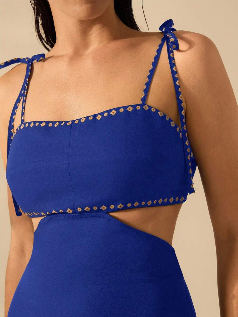 CAJUNI Vestido Boho Feminino Estampa de Árvore de Banana, Vestido Preto Casual de Verão com Amarração Oca na Cintura Sem Mangas, Vestido Casual de Férias