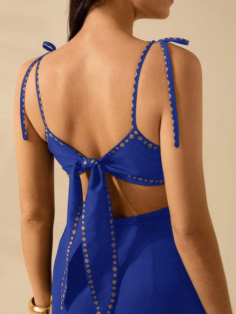 CAJUNI Vestido Boho Feminino Estampa de Árvore de Banana, Vestido Preto Casual de Verão com Amarração Oca na Cintura Sem Mangas, Vestido Casual de Férias