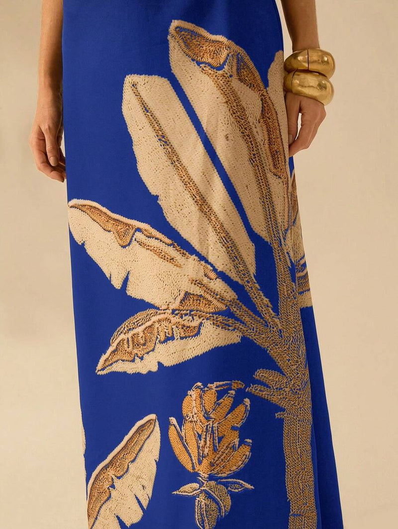 CAJUNI Vestido Boho Feminino Estampa de Árvore de Banana, Vestido Preto Casual de Verão com Amarração Oca na Cintura Sem Mangas, Vestido Casual de Férias