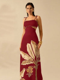 CAJUNI Vestido Boho Feminino Estampa de Árvore de Banana, Vestido Preto Casual de Verão com Amarração Oca na Cintura Sem Mangas, Vestido Casual de Férias