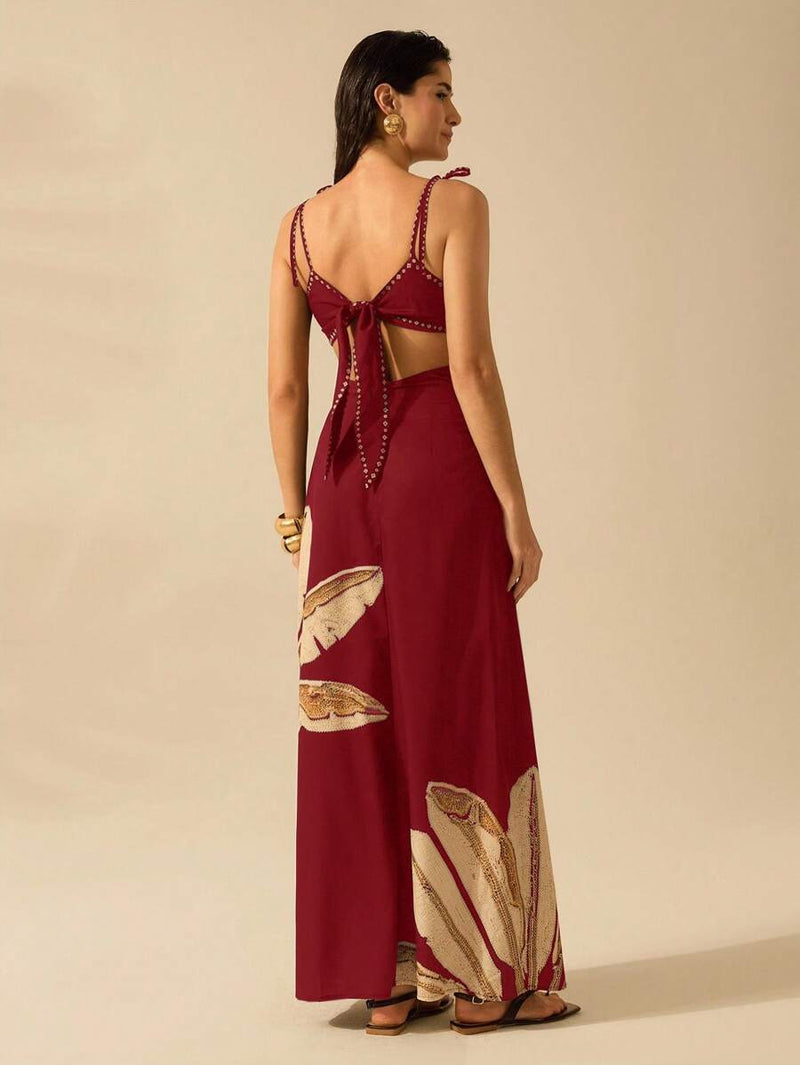 CAJUNI Vestido Boho Feminino Estampa de Árvore de Banana, Vestido Preto Casual de Verão com Amarração Oca na Cintura Sem Mangas, Vestido Casual de Férias