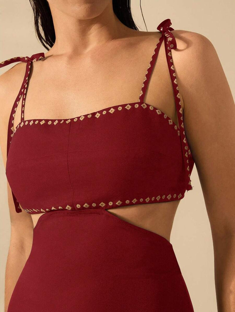 CAJUNI Vestido Boho Feminino Estampa de Árvore de Banana, Vestido Preto Casual de Verão com Amarração Oca na Cintura Sem Mangas, Vestido Casual de Férias