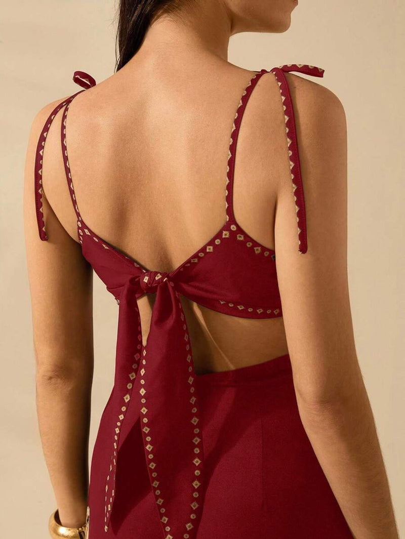 CAJUNI Vestido Boho Feminino Estampa de Árvore de Banana, Vestido Preto Casual de Verão com Amarração Oca na Cintura Sem Mangas, Vestido Casual de Férias