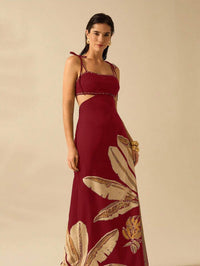 CAJUNI Vestido Boho Feminino Estampa de Árvore de Banana, Vestido Preto Casual de Verão com Amarração Oca na Cintura Sem Mangas, Vestido Casual de Férias